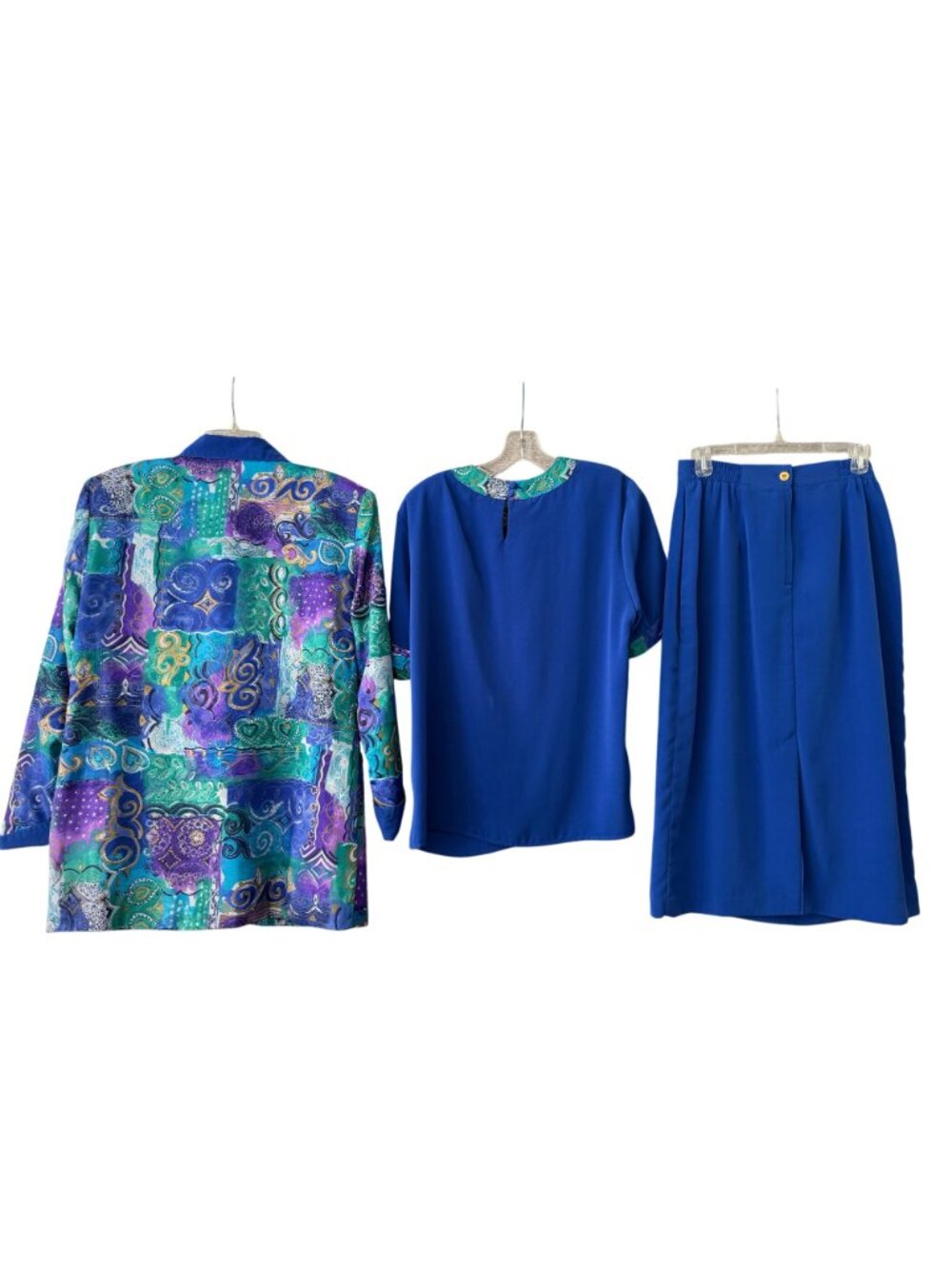 Vintage 80s Pierre Lamonte 3 pc Skirt Suit Blazer Blouse Gold Abstract Print 10 - Picture 2 of 16
